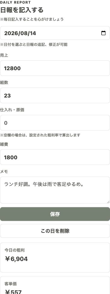 日報を記入するスマホ画面